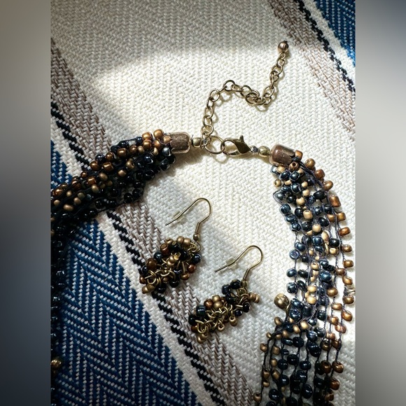 Blue, Bronze and Gold-Colored Bead Necklace and Earrings Set - Picture 5 of 8
